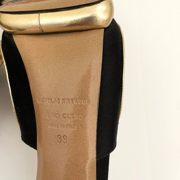 Nickolas Kirkwood Black Satin Gold Leather Pumps 39 - Picture 11 of 12